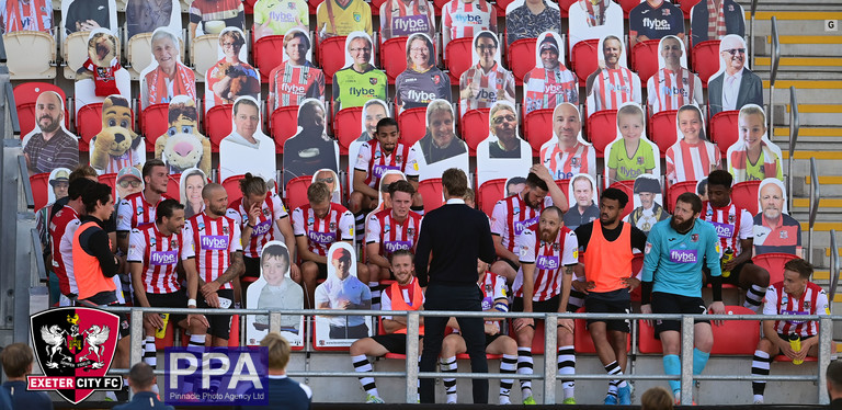 Matt Taylor Manager of Exeter City talks to the players in the stand after winning the Sky Bet League Two Play Off Semi Final 2nd leg between Exeter City and Colchester United on 22nd June 2020 at St James, Park, Exeter, DevonPhoto: Phil Mingo/PPAUK.